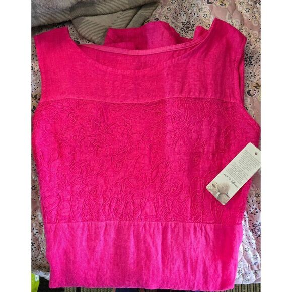 Pink Sleeveless Crinkled Linen Embroidered Tunic Top For Women - Picture 7 of 10